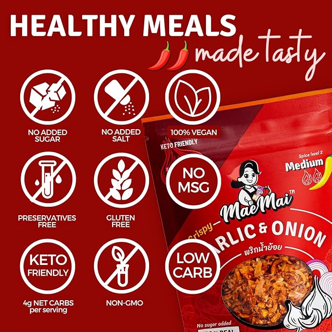 MaeMai Chili Crisp (MEDIUM HOT Spice) - Spicy Umami Onion & Garlic Flakes - All-Purpose Seasoning