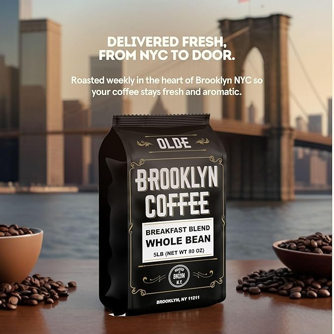 BROOKLYN COFFEE Whole Bean, Breakfast Blend Light Medium Roast (5lb) Delicate, Smooth, Low Acidity