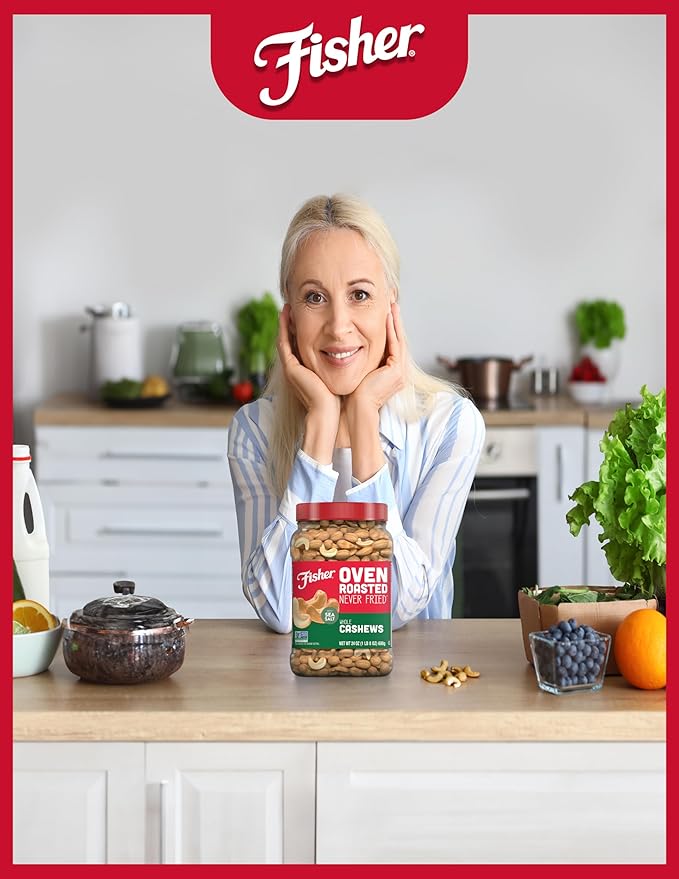 Fisher Oven Roasted Never Fried Whole Cashews, 24 Ounces (Pack of 1), Snacks for Adults, Made With
