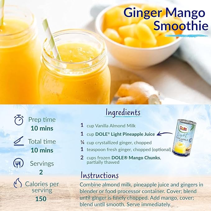 Dole Light Pineapple Juice Drink, No Added Sugar, 40 Calories Per Can, Excellent Source of Vitamin