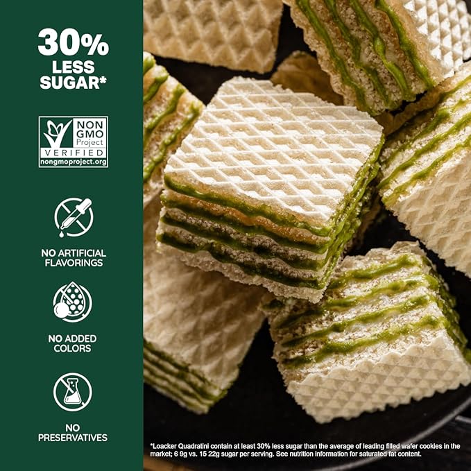 Loacker Quadratini Matcha Wafer Cookies LARGE - 30% Less Sugar - Premium Crispy Bite Size Wafers