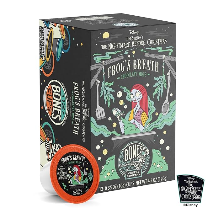 Bones Coffee Company Frog's Breath, Chocolate Mole Flavored Coffee Pods, Low Acid Medium Roast