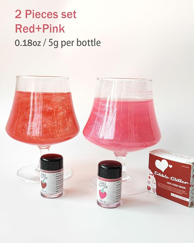 Red Pink Edible Glitter Glimmer Powder for Cakes Drinks - Valentine's Colaele 5 grams Food Grade