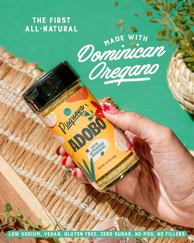Pisqueya Adobo Multi-Purpose Seasoning, made with Dominican oregano. Low Sodium, No Sugar, No-MSG