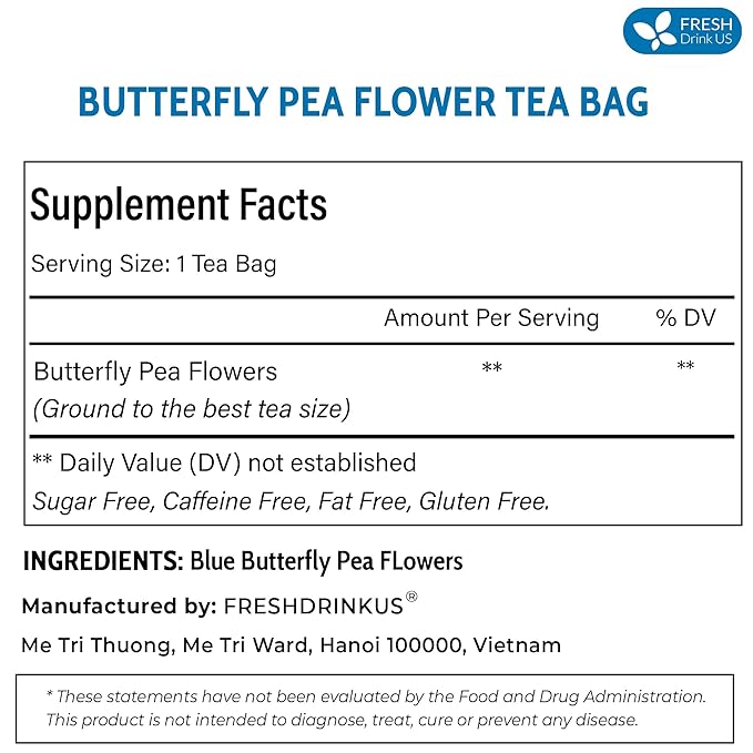 FreshDrinkUS, Premium 75 Tea Bags Blue Butterfly Pea Flowers, 100% Natural and Pure from Butterfly