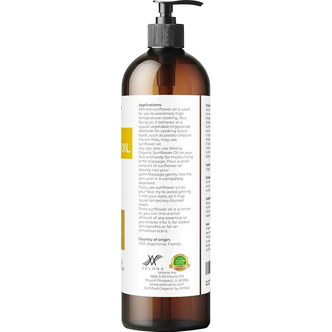 velona USDA Certified Organic Sunflower Oil - 8 Fl Oz | 100% Pure and Natural Carrier Oil | High