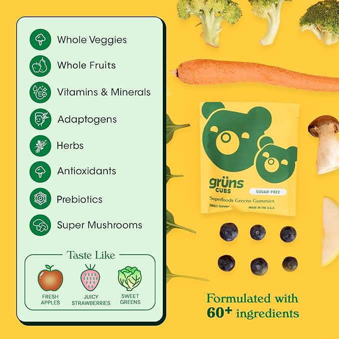 Gruns Kids Vitamins, Super Greens Gummies, Sugar-Free Superfood Gummy Bears With Spirulina