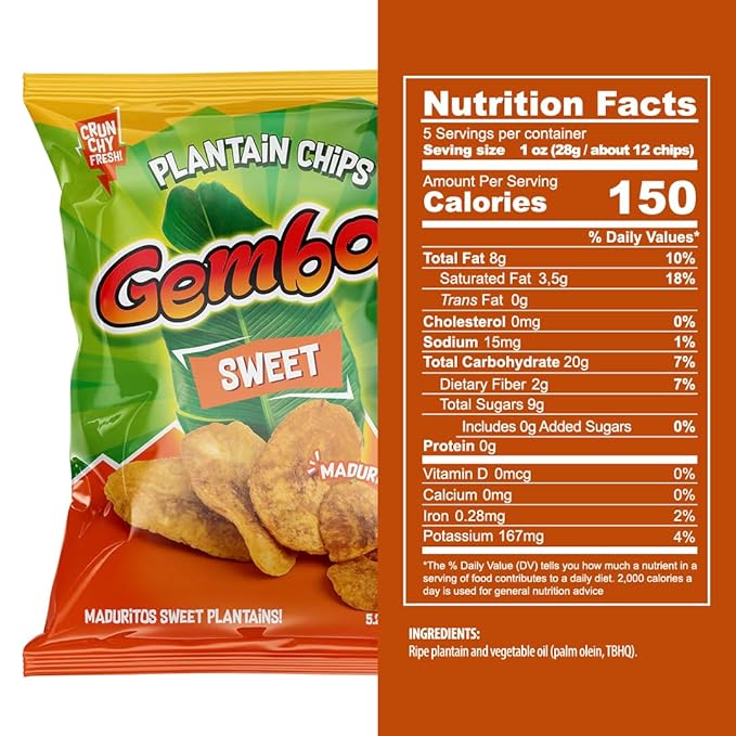 Gembos Sweet Maduritos Plantain Chips - Deliciously Sweet Plantains Snack, Perfect for Vegan Snack