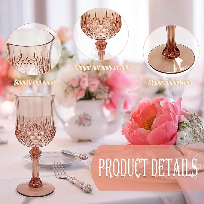 12 PCS Rose Gold Plastic Wine Glasses，Cordial Glasses，Goblets，Can be Used for Weddings, Everyday
