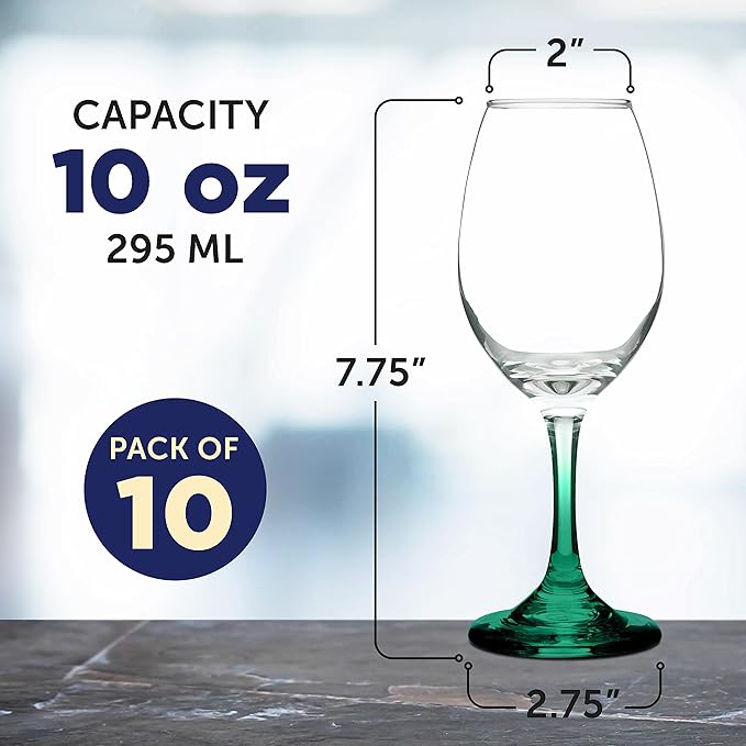 DISCOUNT PROMOS Rioja Wine Glasses with Stem 10 oz. Set of 10, Bulk Pack - Color Bottom, Perfect