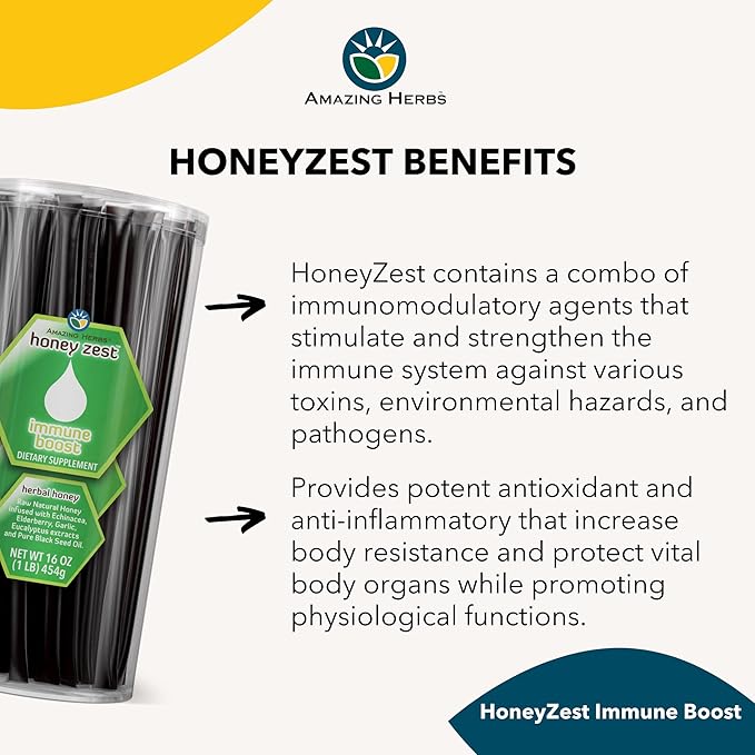 Amazing Herbs Raw Natural Honey - Herbal Honey Infused with Echinacea, Elderberry, Garlic