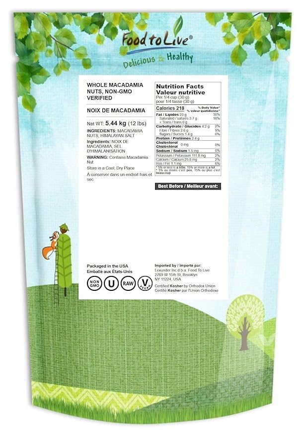 Whole Macadamia Nuts, 12 Pounds — Non-GMO Verified, Raw, Unsalted, Unroasted, Keto Friendly