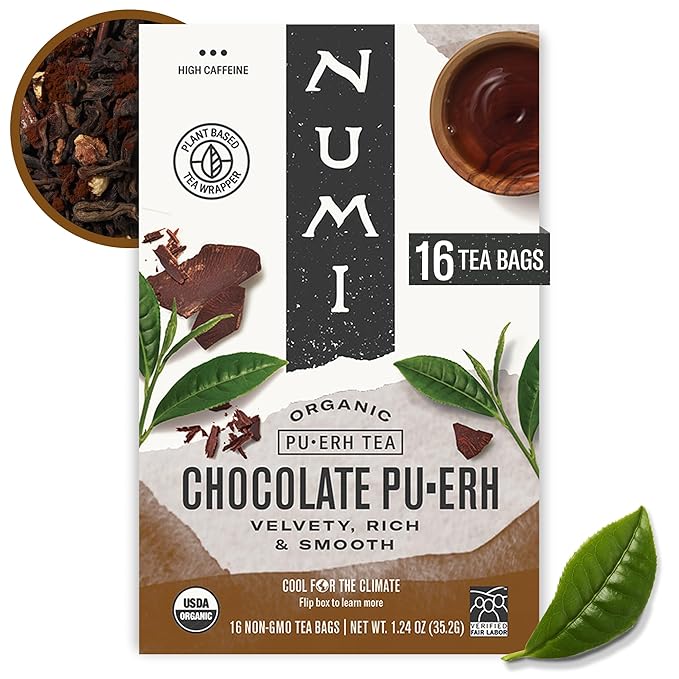 Numi Organic Chocolate Pu-erh Tea, 16 Tea Bags, Aged Yunnan Pu-erh Black Tea with Cocoa & Orange