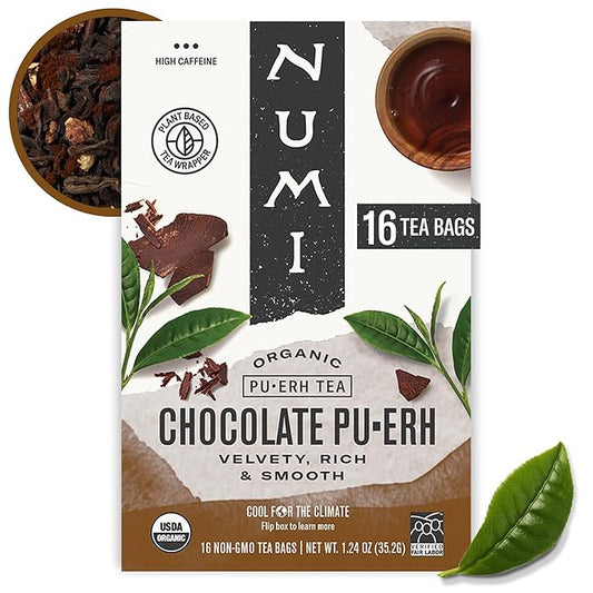 Numi Organic Chocolate Pu-erh Tea, 16 Tea Bags, Aged Yunnan Pu-erh Black Tea with Cocoa & Orange