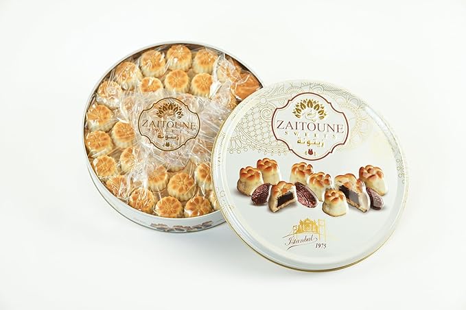 Zaitoune Date Maamoul - 18 oz | Middle Eastern Buttery Date Filled Cookies in a Beautiful Gift Tin