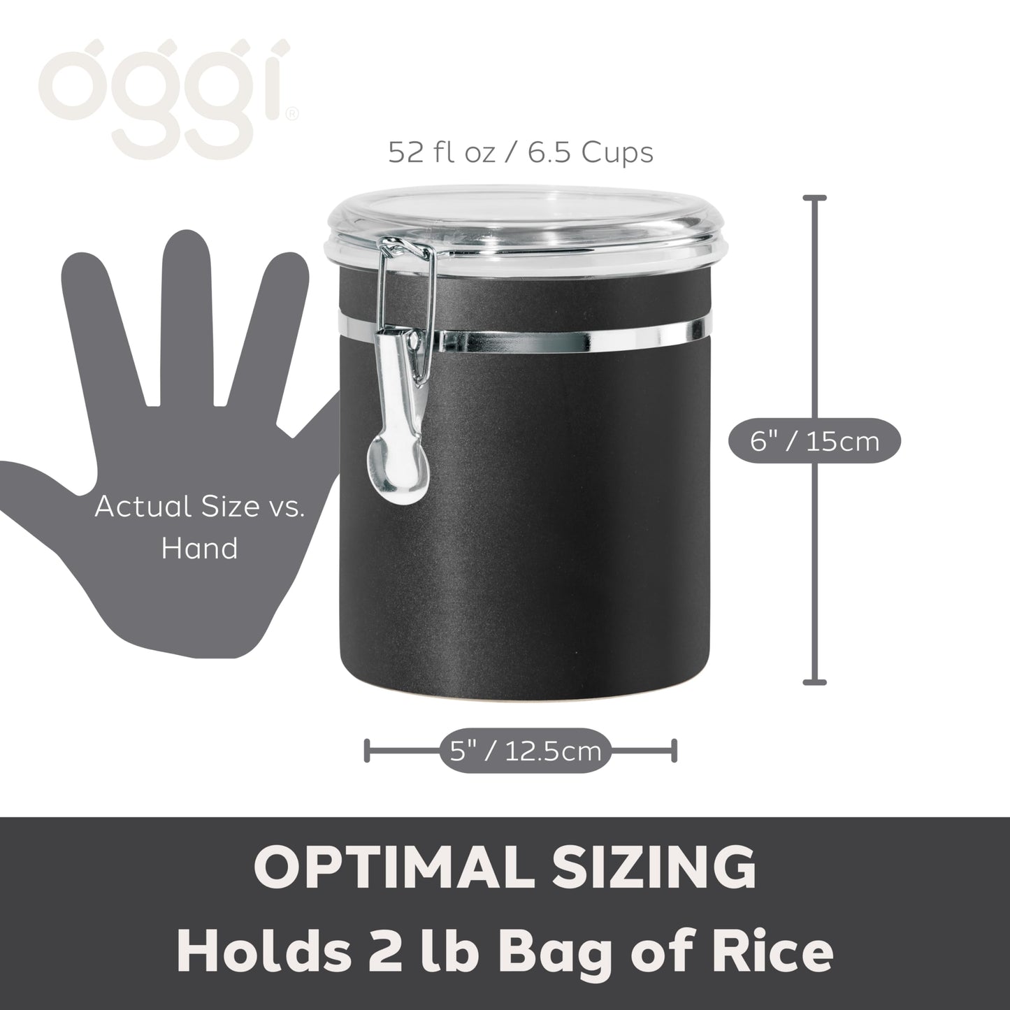 Oggi Stainless Steel Kitchen Canister 47 fl oz, Black - Airtight Clamp Lid, Clear See-Thru Top