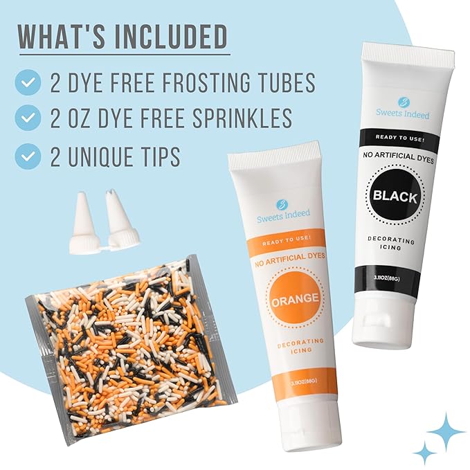 Sweets Indeed Dye-Free Halloween Frosting & Sprinkles Set ??8.22 oz | 2 Frosting Tubes (Orange &