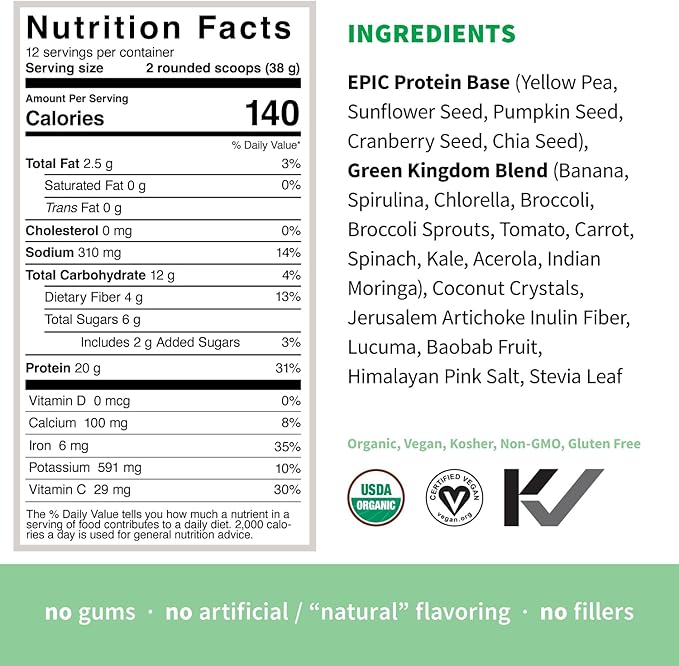 Sprout Living Epic Protein, Plant Based Protein & Superfoods Powder, Green Kingdom | 20 Grams