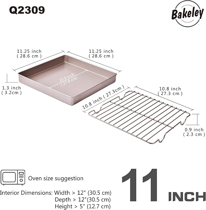 Roasting Pan with Rack, 11-Inch Non-Stick Square Shallow Dish Sheet Pan with Wire Rack for Oven