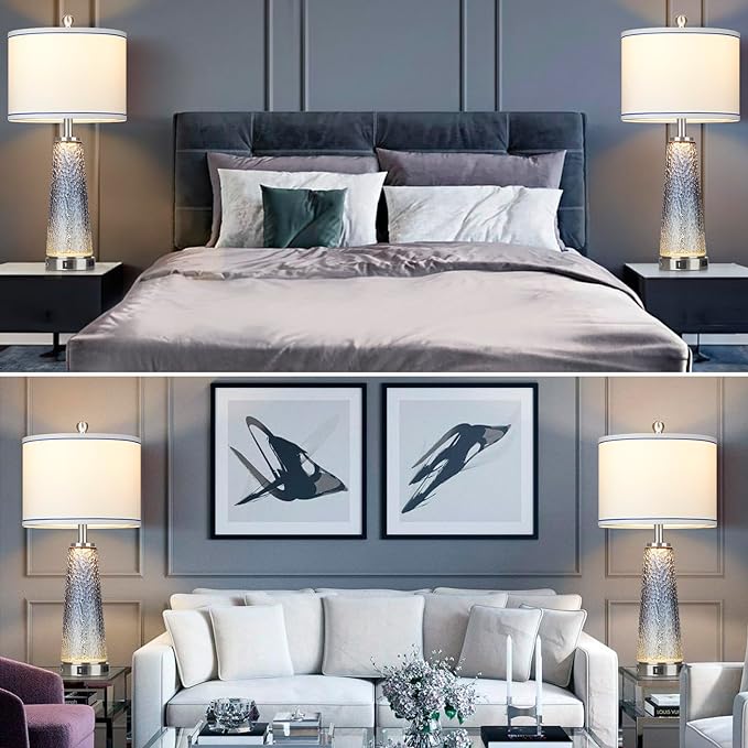 Coastal Glass Table Lamps for Living Room, 26" Table Lamps with USB A+C Ports & AC Outlet, Touch