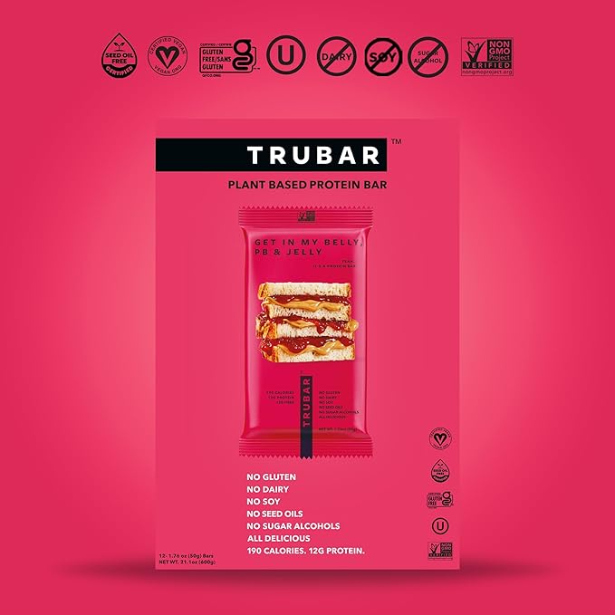 TRUBAR Vegan Protein Bar, Get In My Belly Pb & Jelly, Gluten Free, Plant Based, High Fiber, Dairy