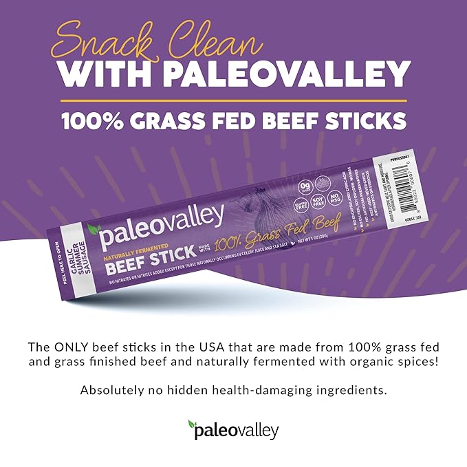 Paleovalley 100% Grass Fed Garlic Summer Sausage Beef Sticks - Delicious Gluten Free Beef Snack