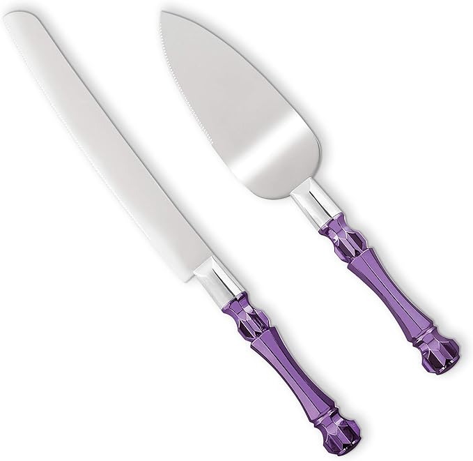 Purple Wedding Cake Knife and Server Set, Cake Cutter and Spatula, Acrylic Handle Set with 1.2mm