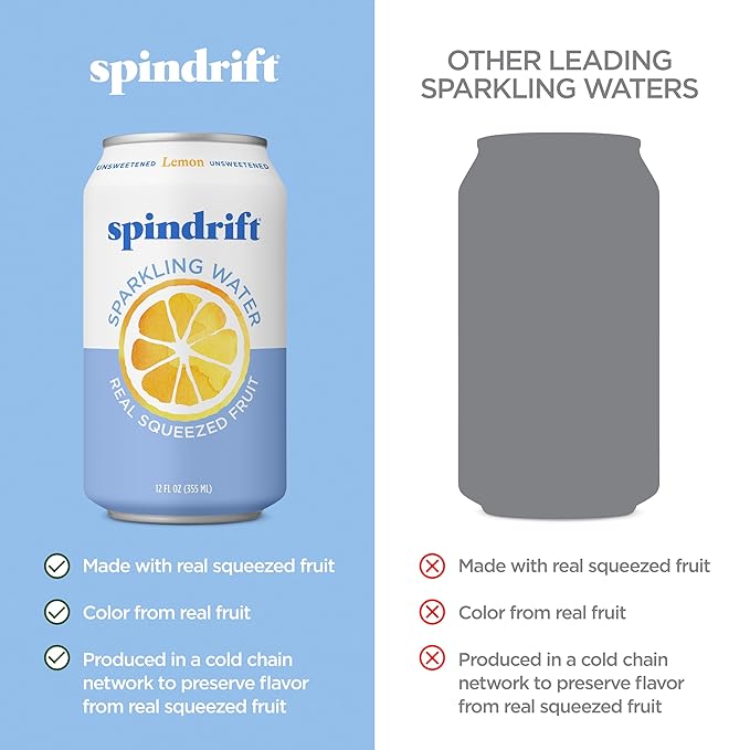 Spindrift Sparkling Water, Lemon Flavored, Made with Real Squeezed Fruit, 12 Fl Oz Cans, Pack of 24