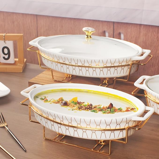 10" x 7" Ceramic Oval Casserole Dish with Glass Lid and Gold rack, 30 ounce Serving Soup