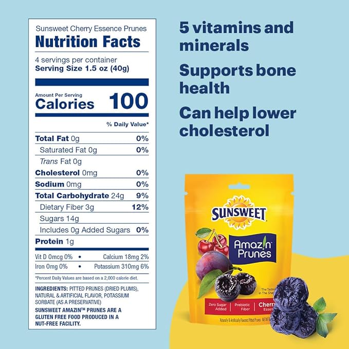 Sunsweet Amazin' Prunes Cherry Essence - Prunes Pitted Unsweetened & Dried - Gluten Free, Vegan