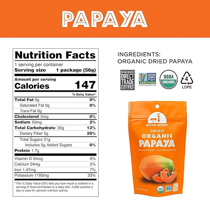 Mavuno Harvest Papaya Dried Fruit Snacks | Organic Dried Papaya Slices | Gluten Free Healthy Snacks
