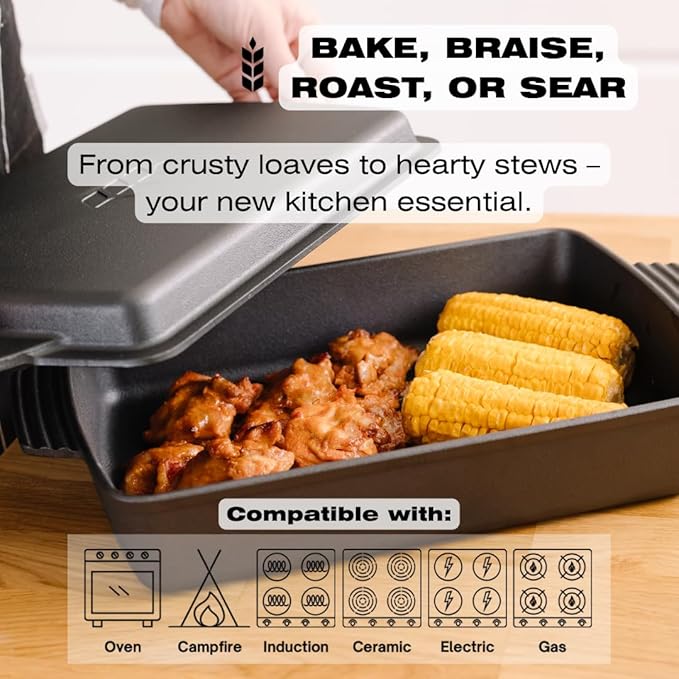 Kuha 2-in-1 Square Cast Iron Dutch Oven, 6 QT ??Skillet Lid & Casserole Dish, Pre-Seasoned 13??