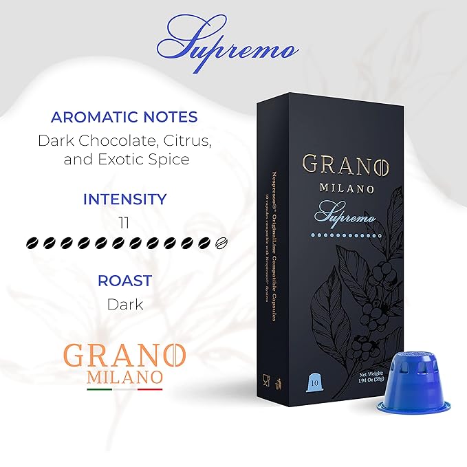 Grano Milano Supremo - 50 Espresso Pods Compatible with Nespresso Original line, Dark Roast
