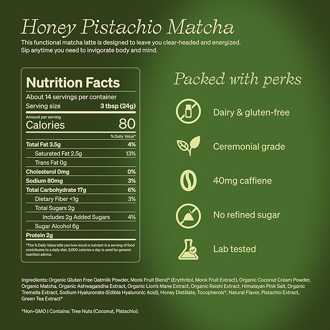 Clevr Blends Pistachio Matcha SuperLatte, Organic Ceremonial Grade, Instant Superfood Powder Blend