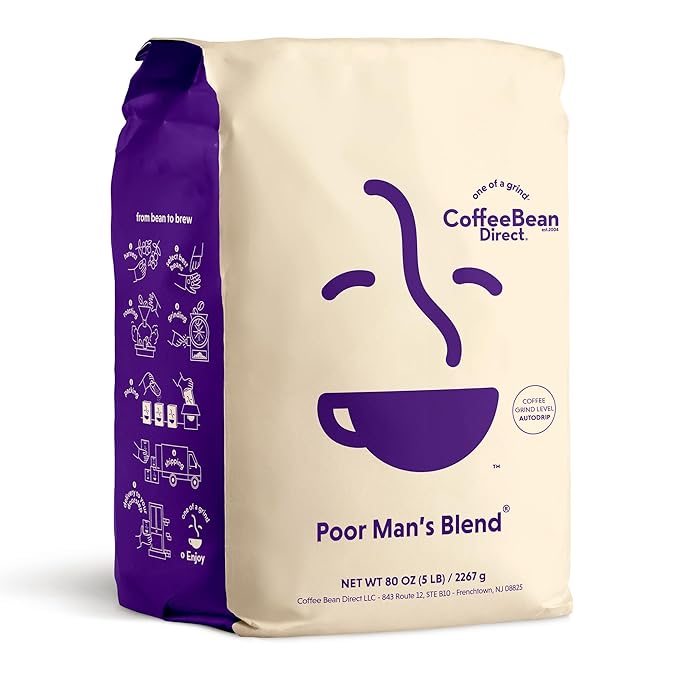 Coffee Bean Direct Poor Man's Blend®, Ground Coffee, Medium Roast, 5 Pound Bag (Pack of 1)