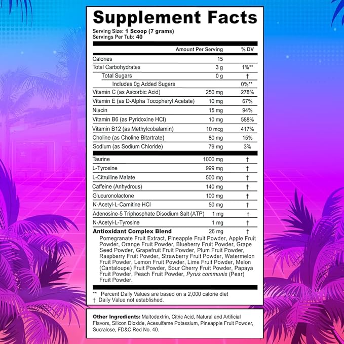 G Fuel Miami Nights Energy Drink Powder, Pre Workout Caffeine Mix for Gaming, Sugar Free Focus