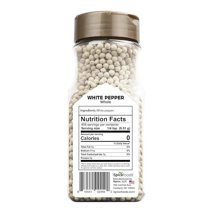 iSpice Whole White Peppers Spices and Seasonings for Cooking, 7.3Ounce White Peppercorns Seasoning