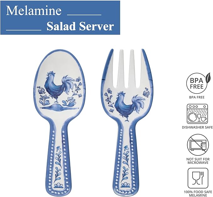 UPware Blue Rooster Melamine Salad Servers, Serving Utensil Set, Includes Serving Fork and Spoon