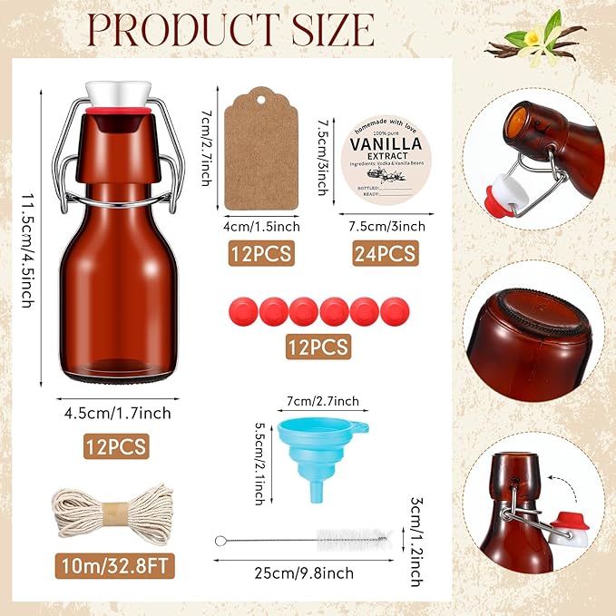 Vesici 12 Sets Swing Top Glass Bottles Set Amber Homemade Vanilla Extract Bottles with Stoppers