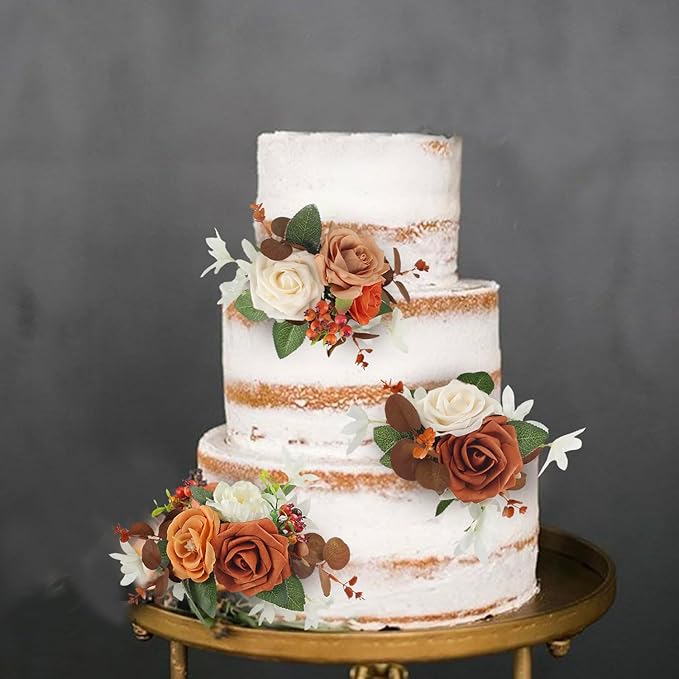 Rinlong 3Pcs Cake Topper Set Artificial Flowers for Cake Decor Burnt Orange Fall Wedding Cake