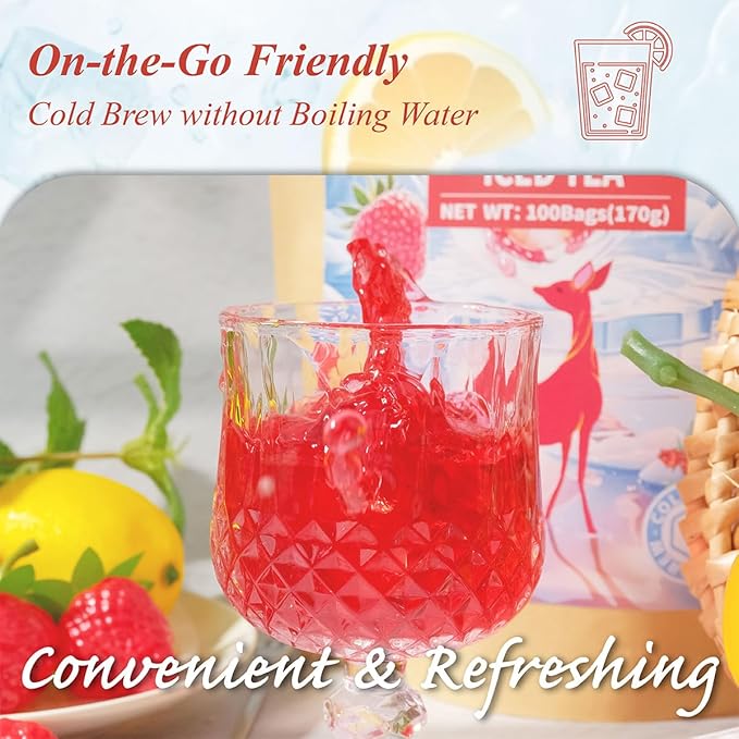 WT WEETEE Strawberry & Raspberry Herbal Iced Tea, 100 Count Cold Brew Hibiscus Iced Tea Bags, Rich