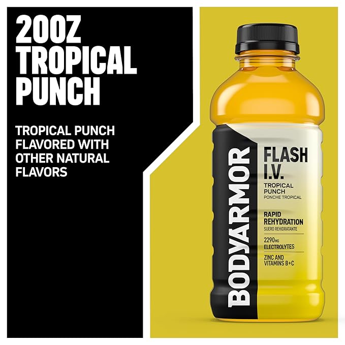 BODYARMOR Flash I.V. Electrolyte Beverage, Tropical Punch, Hydration Drink with Coconut Water For