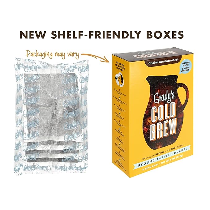 GRADY’S COLD BREW, New Orleans Style, 100% Arabica Ground Coffee & Chicory Pouches, TWO Boxes of