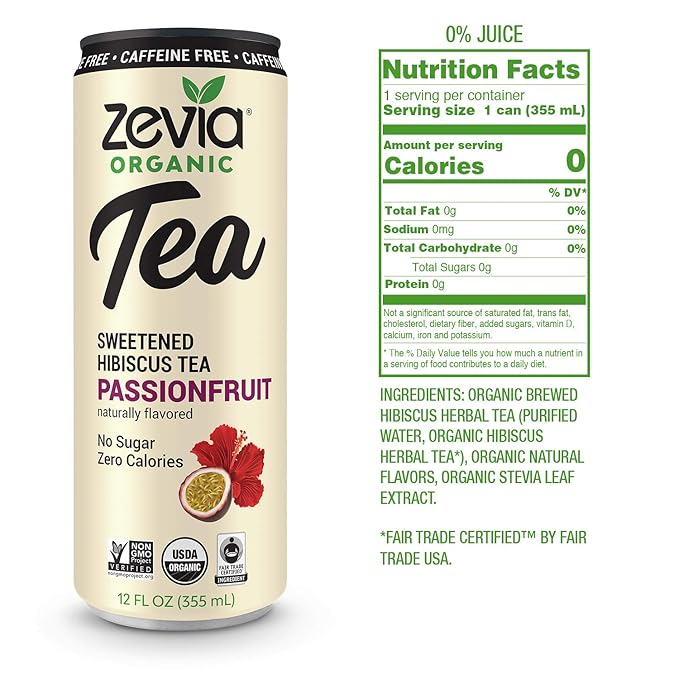 Zevia Zero Sugar Tea, Hibiscus Tea with Passionfruit Caffeine Free, 12 oz Cans (12-Pack)