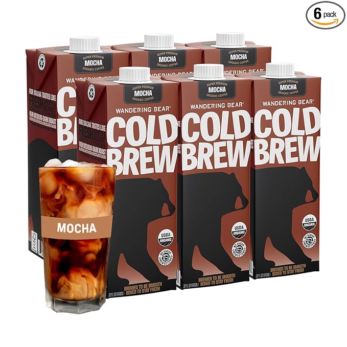 Wandering Bear Organic Mocha Cold Brew Coffee, 32 fl oz, 6 pack - Extra Strong, Bold, Smooth