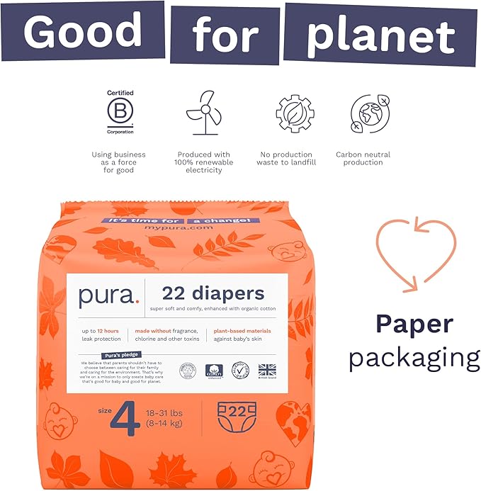 Pura Size 4 Diapers, 66 Count, Unisex, Organic Cotton, Leak-Free, Plant-Based, Dermatologically