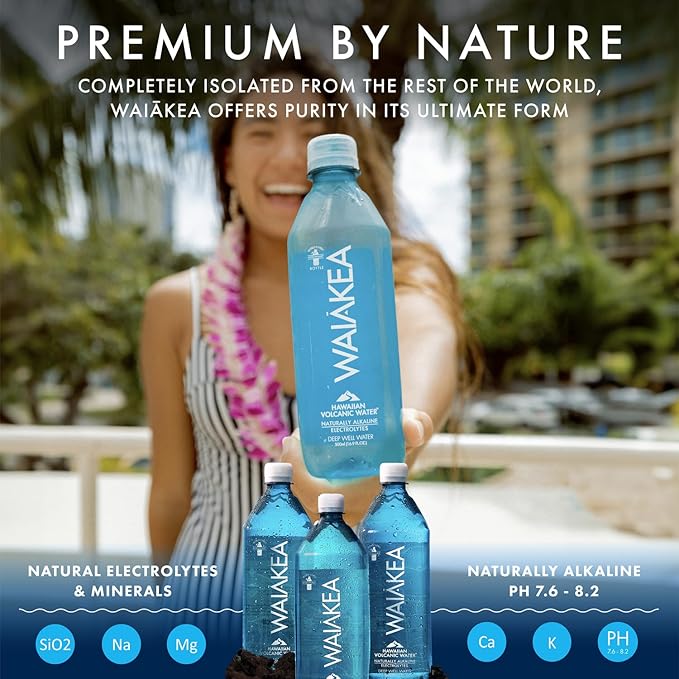 Waiakea Hawaiian Volcanic Water, Naturally Alkaline, 100% Recycled Bottle, 1L (Pack of 12), 33.8 Fl
