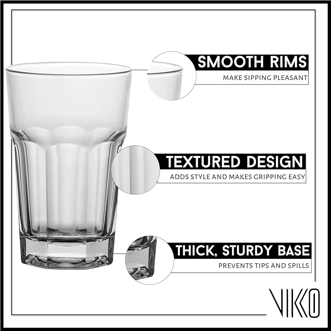 Vikko Drinking Glasses, 11.5 Ounce Glass Cups, Durable Glasses Drinking Set of 6, Stackable Water