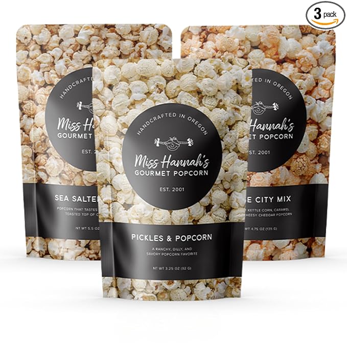 Miss Hannah's Gourmet Popcorn Starter Pack - Sea Salted Brulee, Bridge City Mix, Pickles & Popcorn