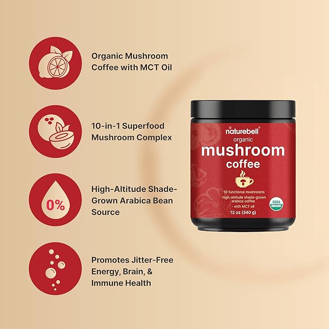 NatureBell Organic Mushroom Coffee with MCT Oil, 12oz (85 Servings) | 10-in-1 Adaptogenic Blend